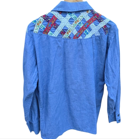 Vintage Blue Handmade Patchwork Buttondown Longsleeve Shirt - Picture 4 of 13